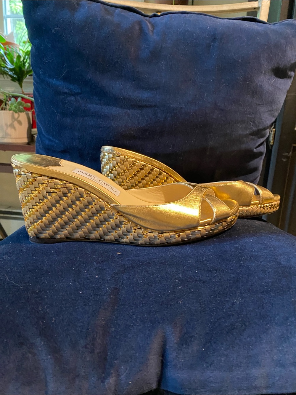 Jimmy Choo Gold Woven Leather Wedge Mules